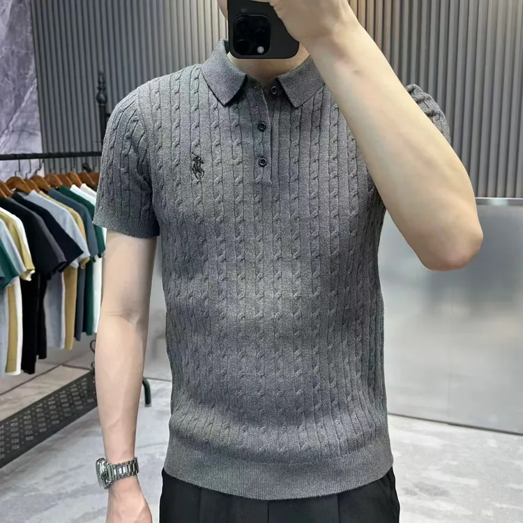 老钱风刺绣翻领短袖毛衣男秋装半袖针织衫2025秋冬季新款男士t恤