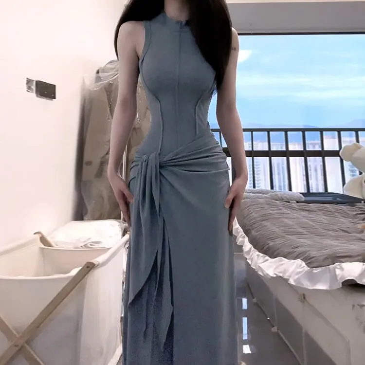 高级感灰色莫代尔背心连衣裙子女2025夏季修身气质假两件包臀长裙