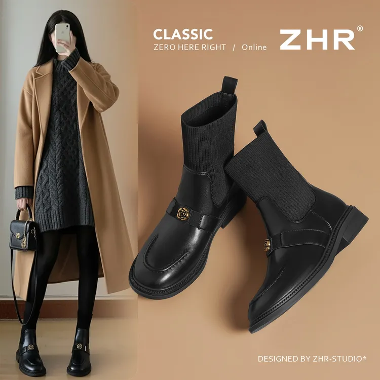 ZHR/则则圆头山茶花袜靴女2025秋新款针织百搭瘦瘦靴厚底气质短靴