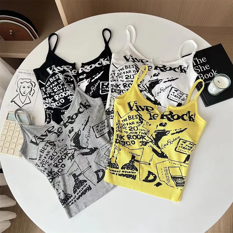 纯欲风字母涂鸦印花吊带背心女带胸垫内搭外穿辣妹修身打底上衣女