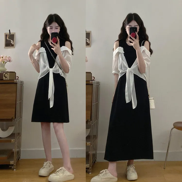 大码夏季新款设计感假两件短袖衬衫露肩连衣裙长短款洋气小裙子