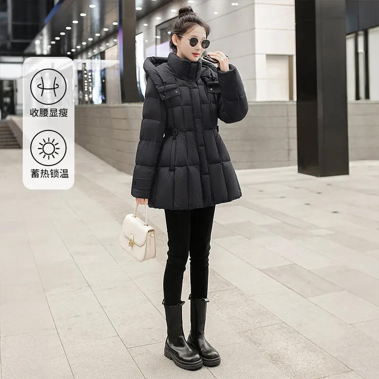 丝柏舍冬装90绒羽绒服女装长袖中长款收腰简约连帽S54B2394Y