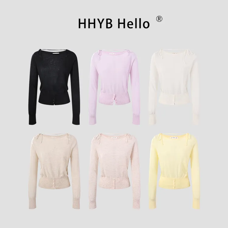 HHYB Hello韩系温柔风系带圆领长袖针织衫2025夏季薄款上衣M1189