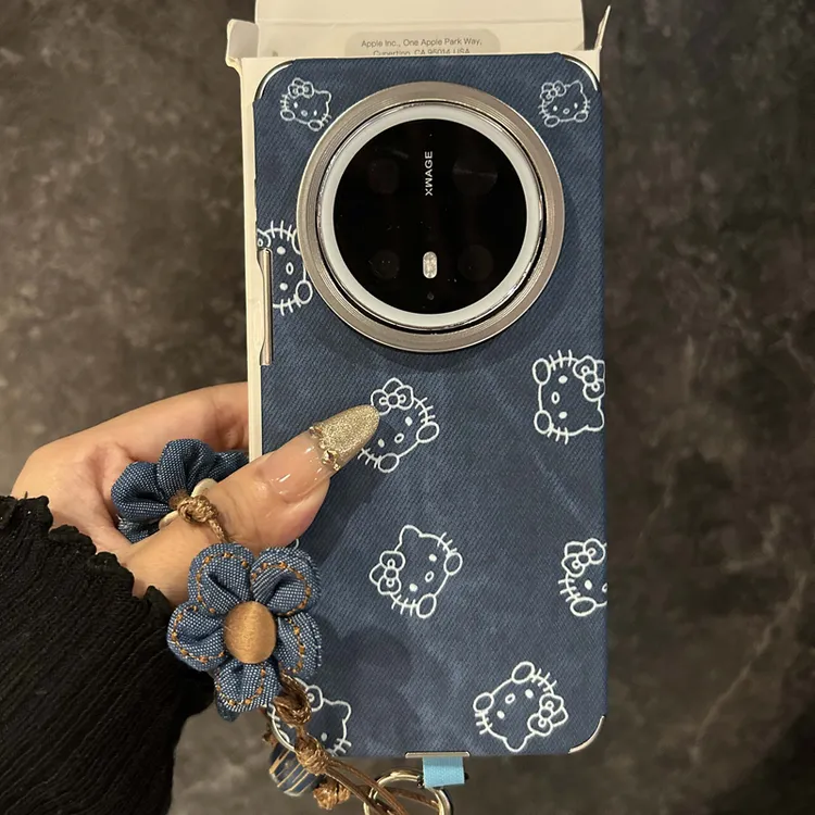 牛仔布纹卡通kitty猫适用华为mate70pro+手机壳腕带挂绳mate60pro