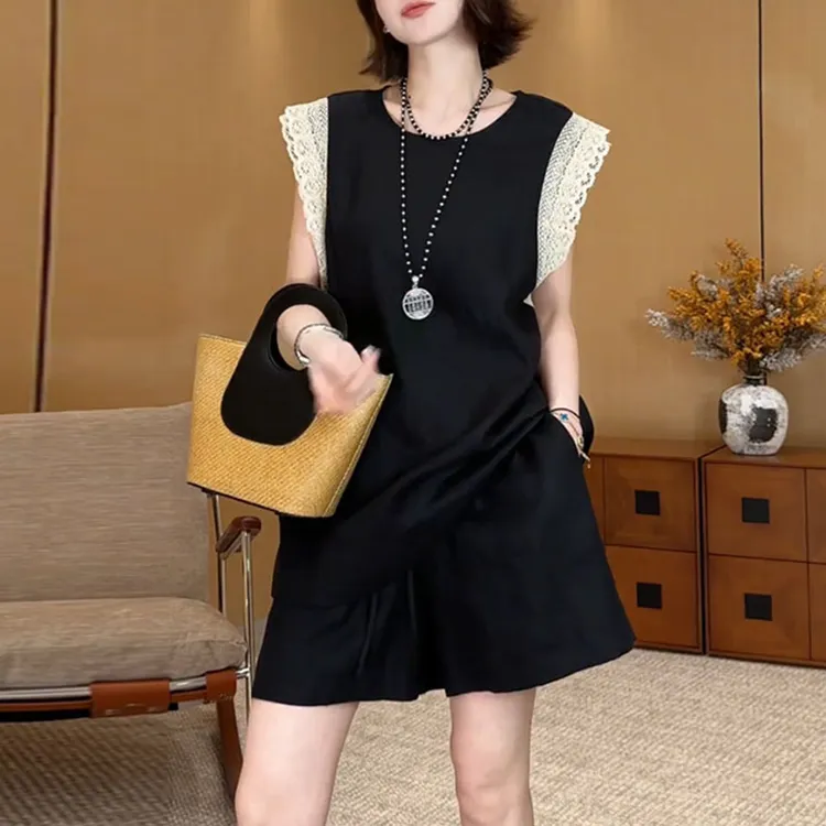 时髦设计感法式气质套装女士2025夏高级感拼接显瘦上衣短裤两件套