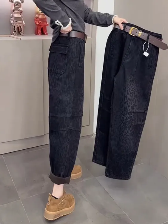 豹纹牛仔裤女冬季新款裤子加绒加厚九分裤大码时尚显瘦高腰哈伦裤