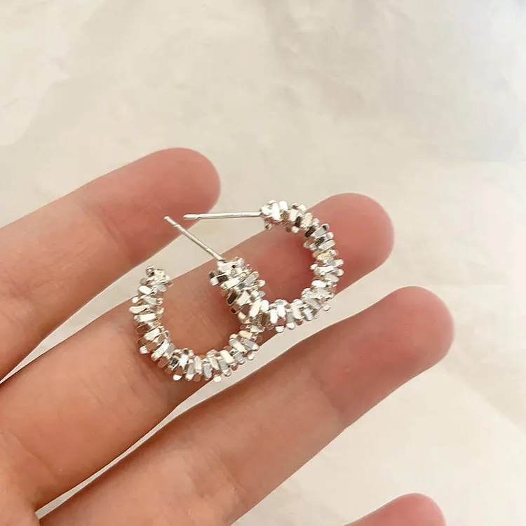 925银玻璃耳饰S925银针简约C形耳钉碎银几两韩版耳环时尚小众设计