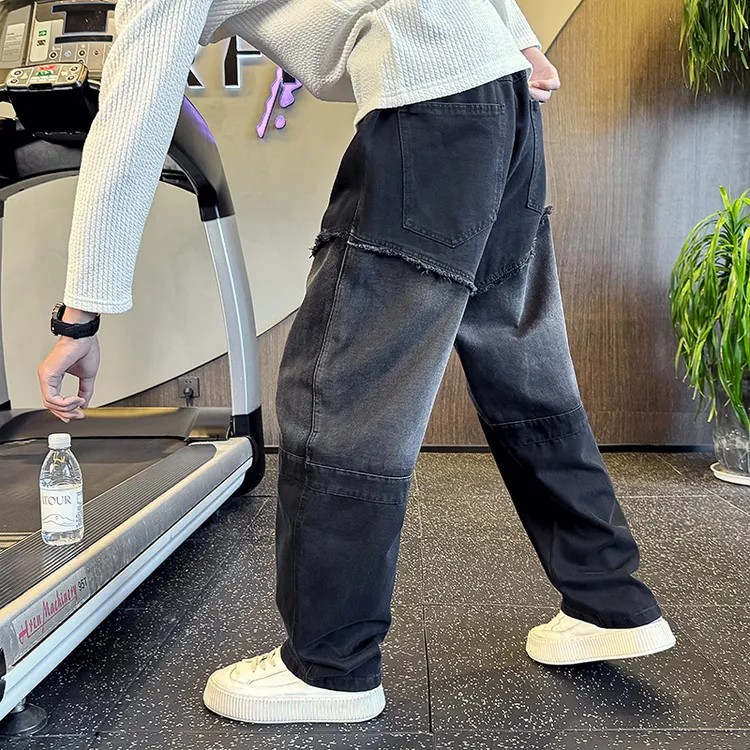 渐变色弯刀牛仔裤男士春秋款轻奢痞帅直筒宽松阔腿男装休闲长裤子