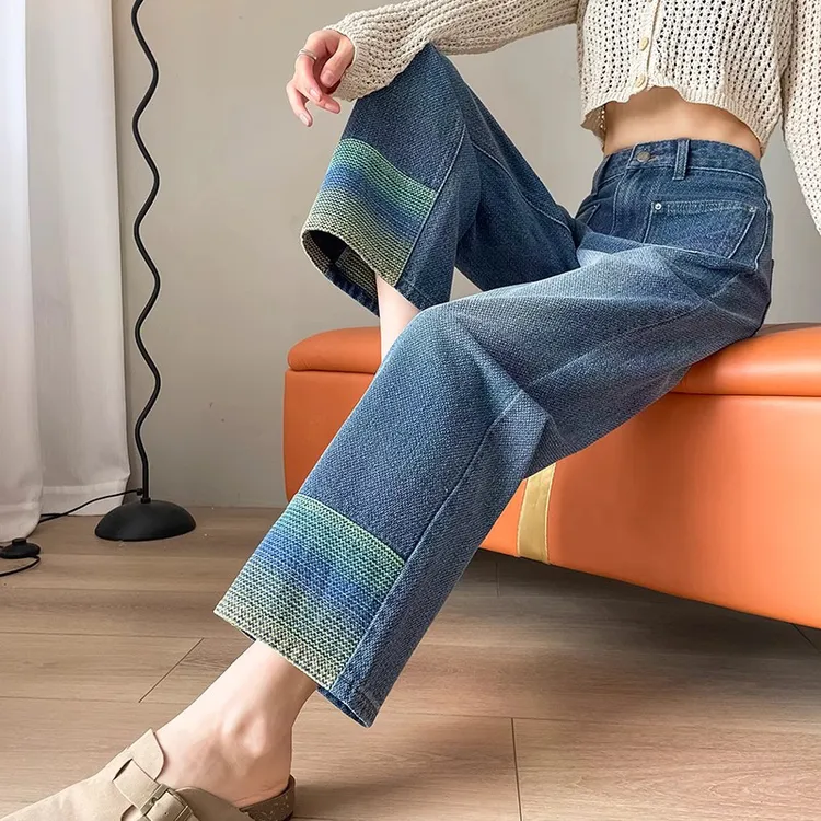 九分牛仔直筒裤女2025春夏高腰宽松遮腿型编织感休闲小个子烟管裤