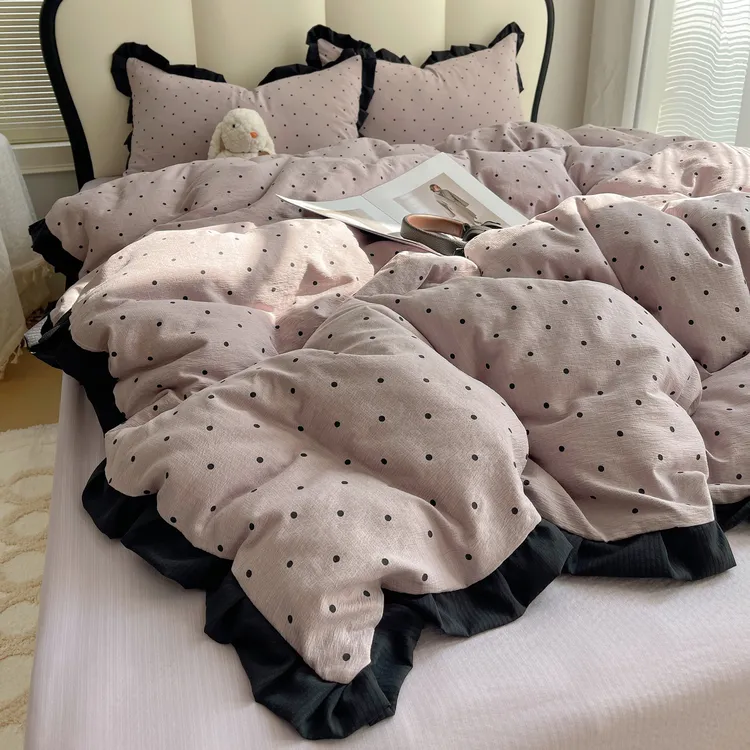 黑色花边双层纱床上四件套非全棉纯棉床单被套床笠单人床品三件套