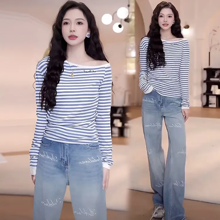 官图 撞色蓝条纹字母斜肩长袖T恤女春夏季2025修身显瘦设计感上衣