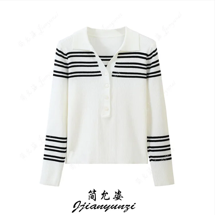 黑白条纹撞色Polo领长袖针织衫毛衣女秋冬季洋气减龄外穿打底上衣