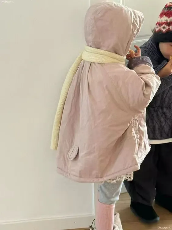 秋冬儿童保暖连帽棉服新款女童洋气纯色设计感百搭夹棉棉袄外套