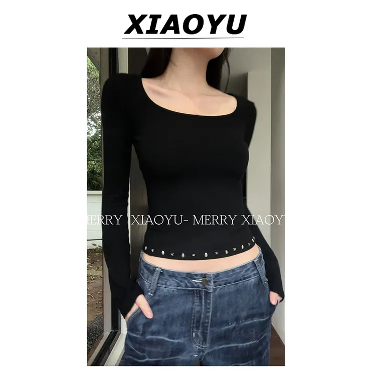 【小鱼】辣妹铆钉小众设计感修身显瘦长袖T恤女辣妹慵懒纯欲风上衣