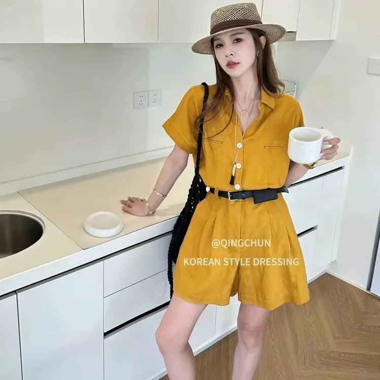 亚麻连体短裤女欧洲站2025年夏季新款设计感腰带polo领减龄连体裤