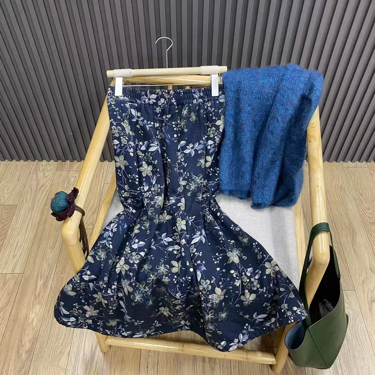 秋冬复古高腰印花纯棉加绒加厚半身裙宽松百搭中长A字裙女Q99110