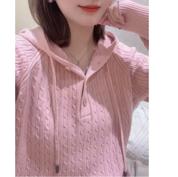 秋冬爆款长袖麻花连帽针织打底外穿保暖女装帽衫减龄百搭毛衣宽松