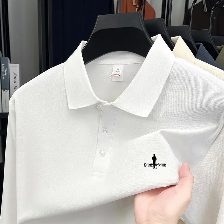 宽松长袖polo衫透气速干翻领男士简约纯色时尚高级套头百搭亲肤