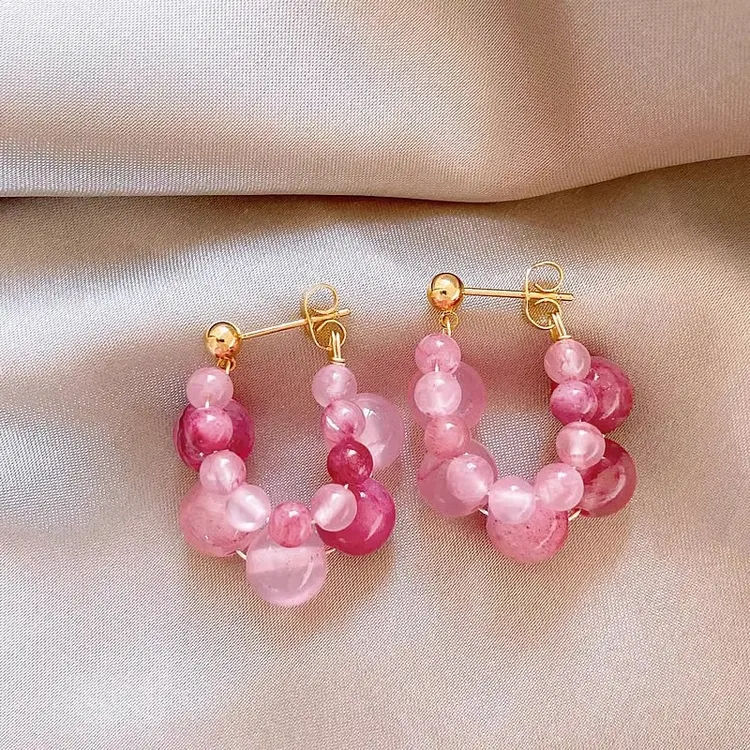 铜合金耳饰  2025新款双层粉色大小串珠耳环女气质高级感耳钉耳饰