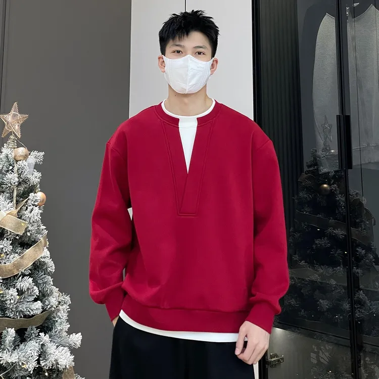 HKYC红色圆领厚棉T男士秋冬季撞色加绒本命蛇年打底衫潮上衣