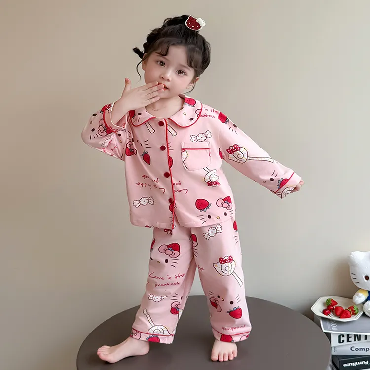 儿童睡衣女童春秋款长袖长裤宝宝猫咪粉色睡衣套装家居服2025新款