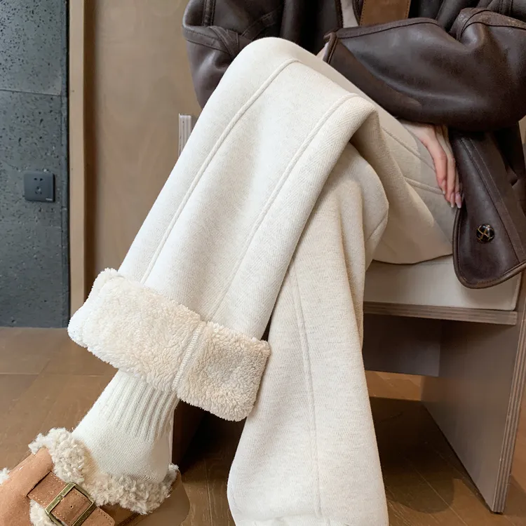 羊羔绒棉裤女冬季外穿加绒加厚保暖香蕉阔腿裤2025新款女士直筒裤