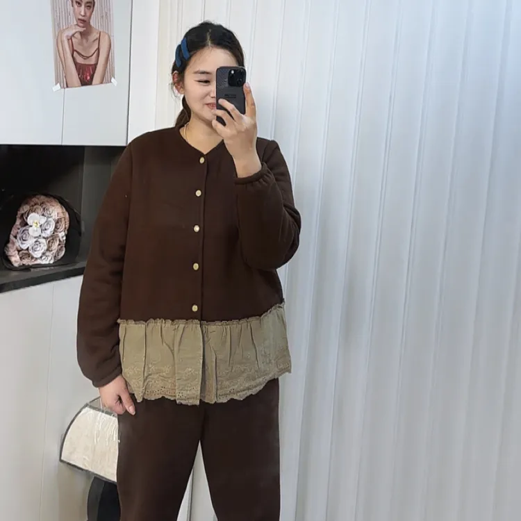 定制款可可咖色蕾丝可外穿家居服加绒套装(带垫肩)