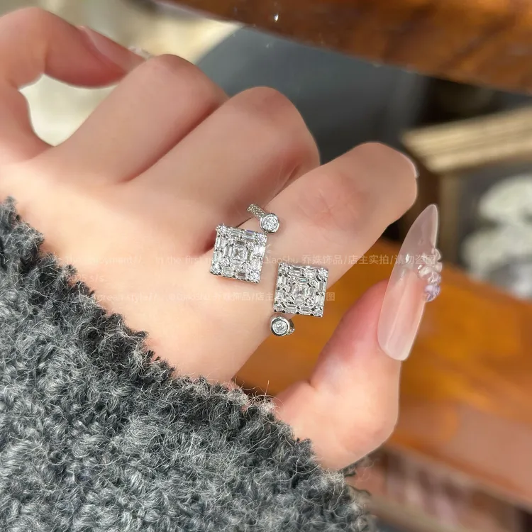 铜合金合成锆石戒指 C548 多层方形几何锆石戒指个性气质百搭时尚