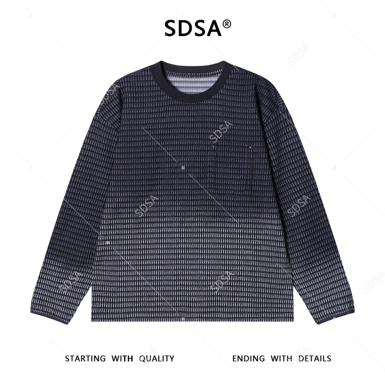 SDSA男士秋冬新款痞帅男装渐变格纹格子设计圆领长袖T恤百搭潮牌