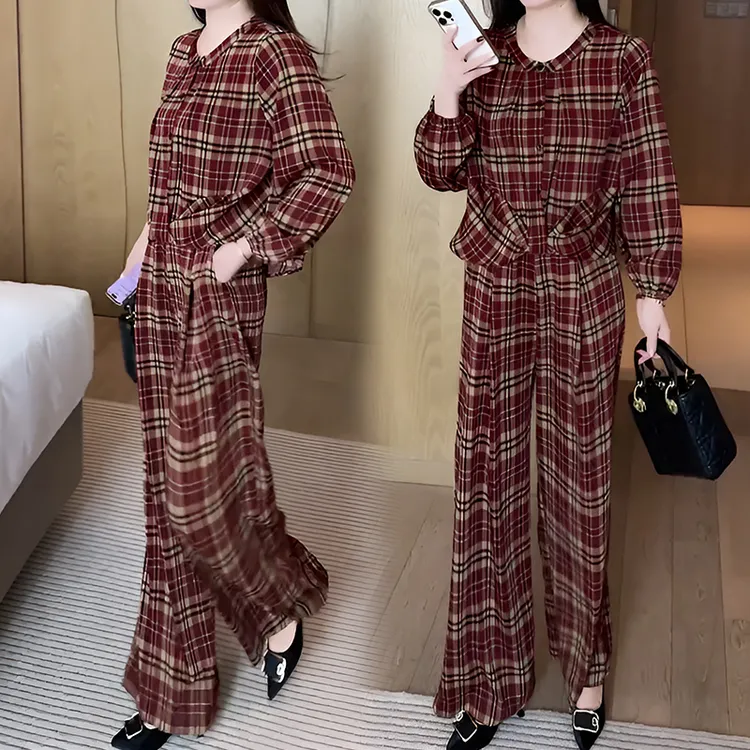 时尚红格套装女2025春秋新款休闲宽松显瘦减龄上衣阔腿裤两件套潮
