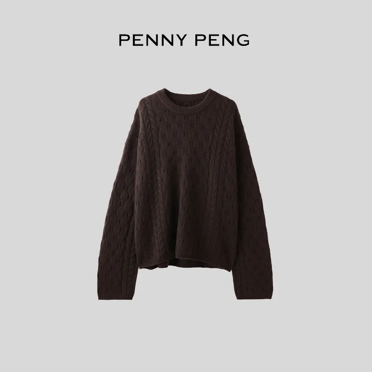 PENNYPENG糖炒栗子 黑标系列简约宽松圆领羊绒针织绞花套长袖头衫