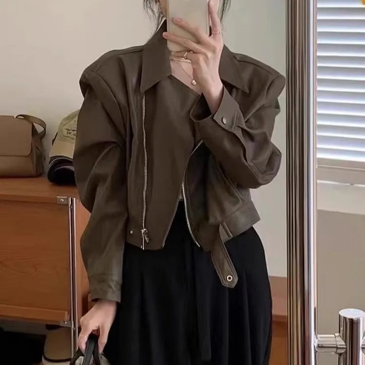 春秋洋气短款外套时尚宽松黑色韩版1112休闲皮夹克网红款女士皮衣