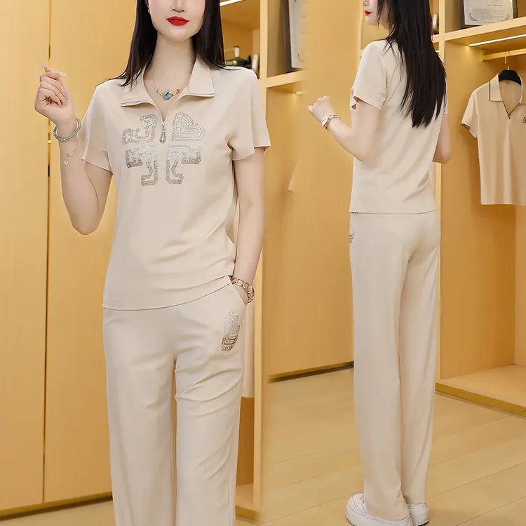 立领运动服套装女士夏季2025年新款显瘦女装减龄半拉链短袖两件套