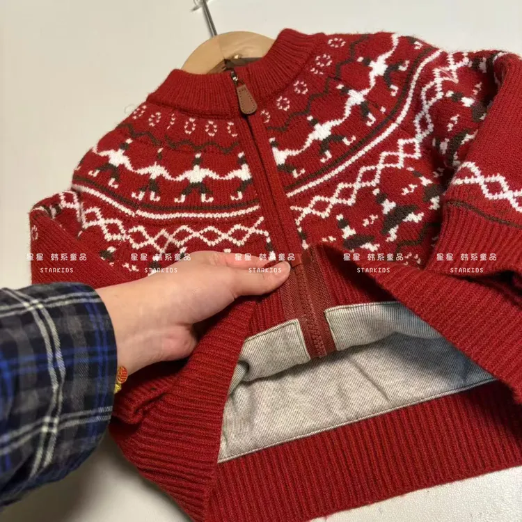 儿童圣诞费尔岛毛衣马年拜年服红色开衫针织衫外套毛线衣打底衫