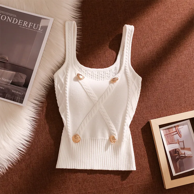 辣妹方领纽扣交叉麻花针织吊带背心女夏季外穿短款泰式绝美小上衣