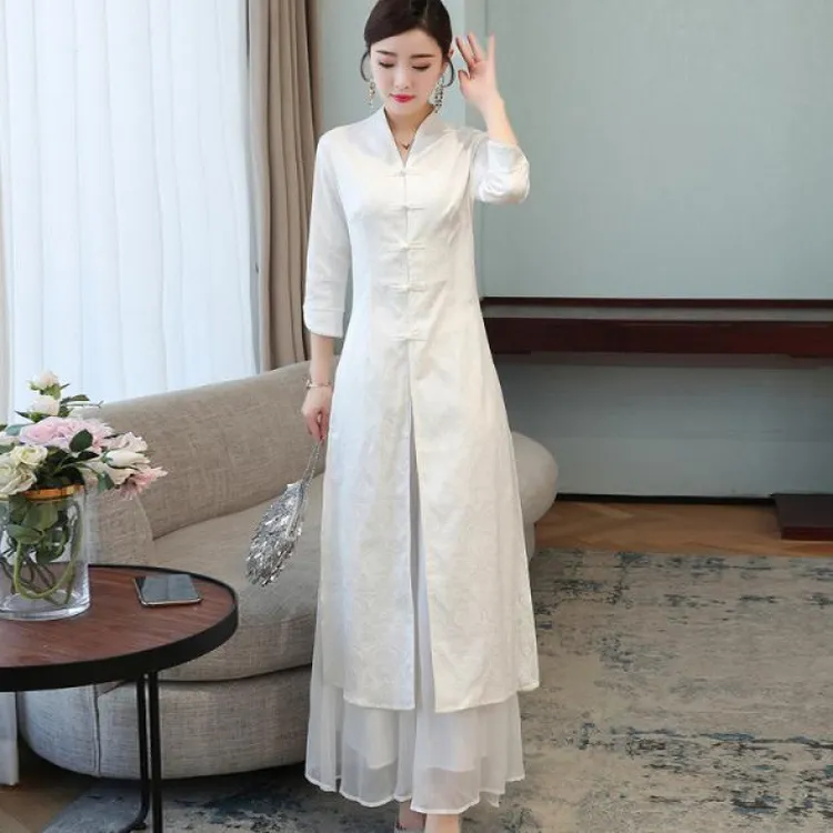 2025春夏新款中国风棉麻连衣裙文艺复古式盘扣禅意茶服改良旗袍裙