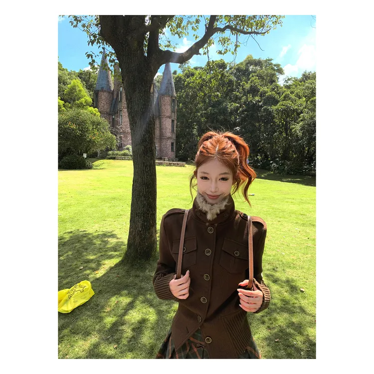 Pinkseeya松茶可可 美拉德高级感复古金属扣气质呢子外套半裙套装