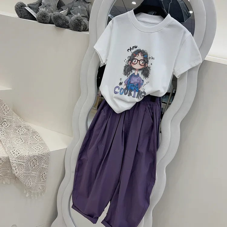 W童品，（现货）2025夏季儿童套装新款短袖两件套裤子长裤韩版223