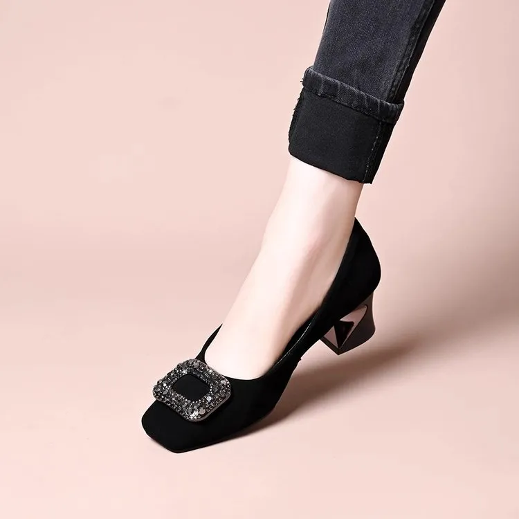 女鞋时尚圆头2025新款低跟粗跟水钻百搭法式豆豆鞋浅口低跟单鞋