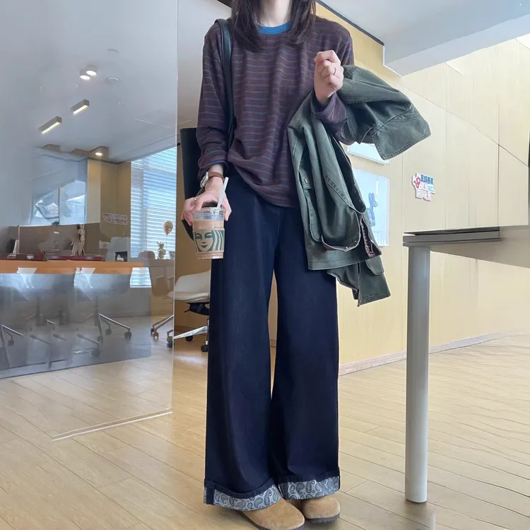 卷边直筒牛仔裤女秋季新款大码胖mm梨型身材遮胯显瘦深蓝色阔腿裤