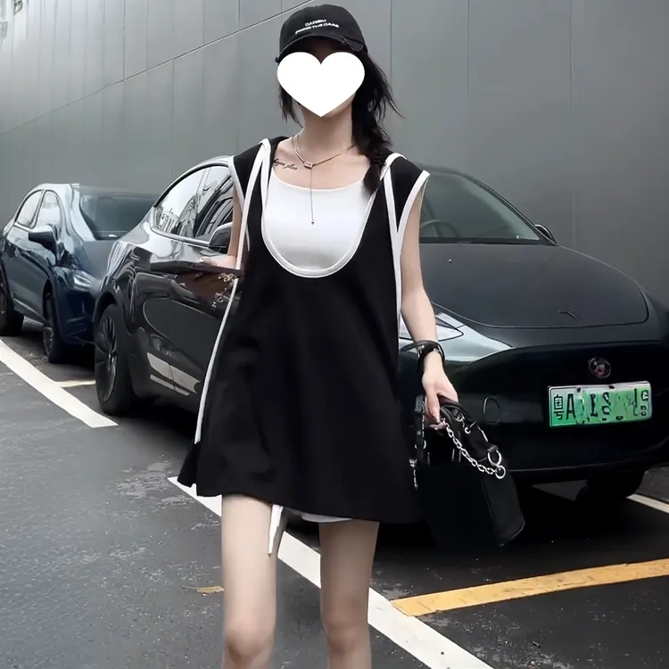 又a又飒时尚休闲套装女夏季小众撞色连帽无袖背心阔腿短裤三件套