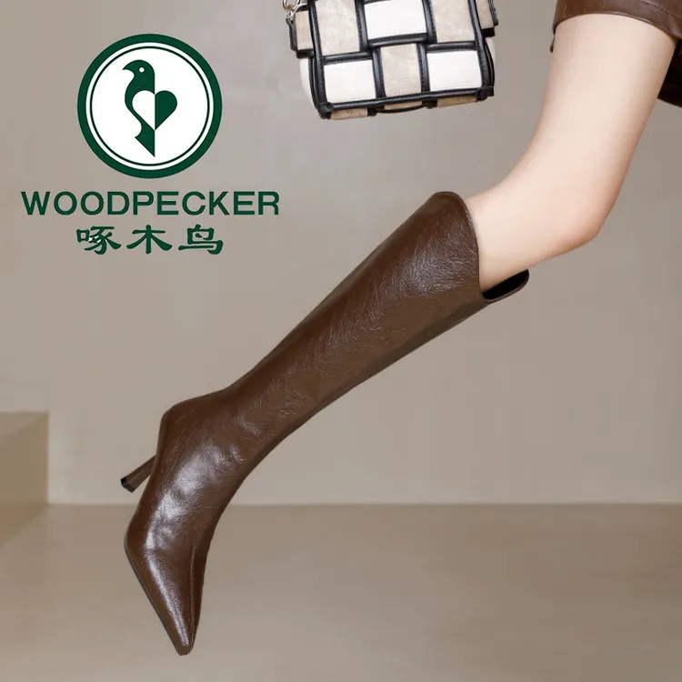 啄木鸟V口尖头细跟长靴2025年秋冬新款法式高跟弹力靴高筒瘦瘦靴