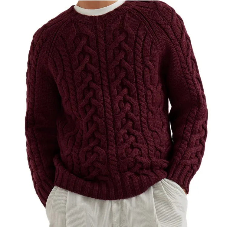 白的Official【B*C100%纯羊毛】秋冬休闲绞花圆领长袖羊毛针织衫