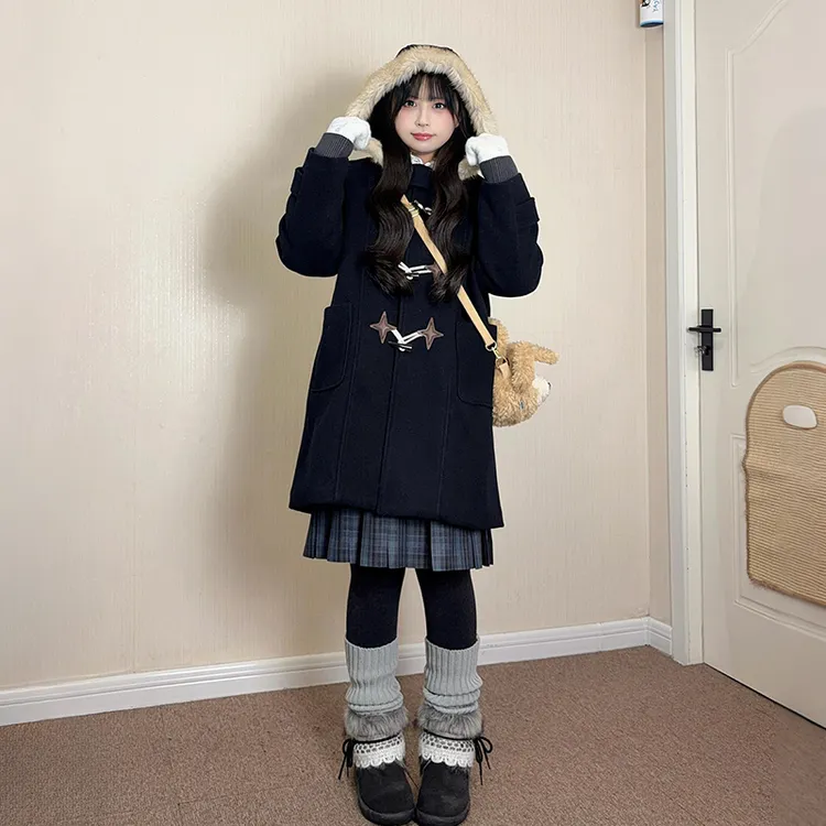 【星澜】新原创毛领牛角扣毛呢大衣JK制服中长款夹棉大码外套女冬