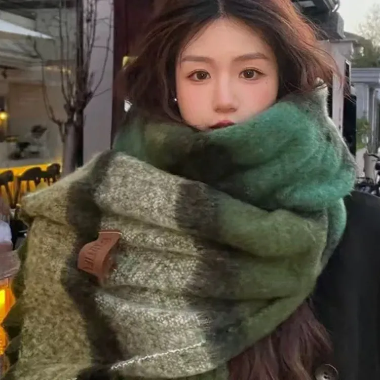 绿青梅森系羊绒条纹流苏保暖绿色围巾女复古加厚冬季防寒围脖披肩