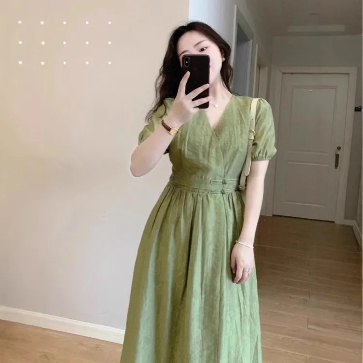 2025夏款大码女装胖mm显瘦新中式独特绿色长裙专为微胖妹妹设计新