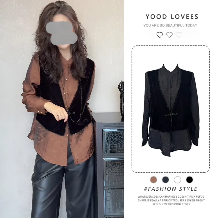 复古气质假两件拼接衬衫女2025春秋老钱风新款衬衣小众巨好看上衣