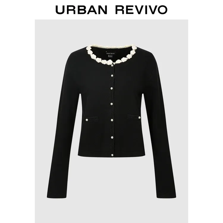 UR2025秋季新款女装立体花朵饰珍珠纽扣针织开衫UWG950277