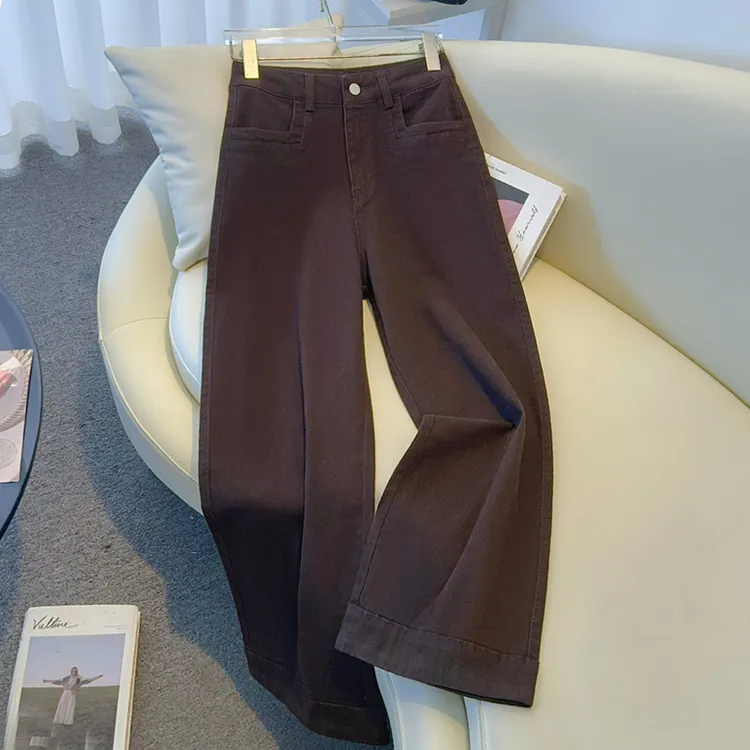 美拉德阔腿裤子女2025新款早秋高腰宽松百搭简约直筒裤小个子牛仔