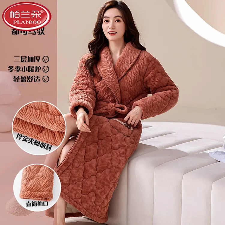 帕兰朵三层珊瑚绒夹棉秋冬季法兰绒长袖睡袍加厚保暖女士睡衣舒适